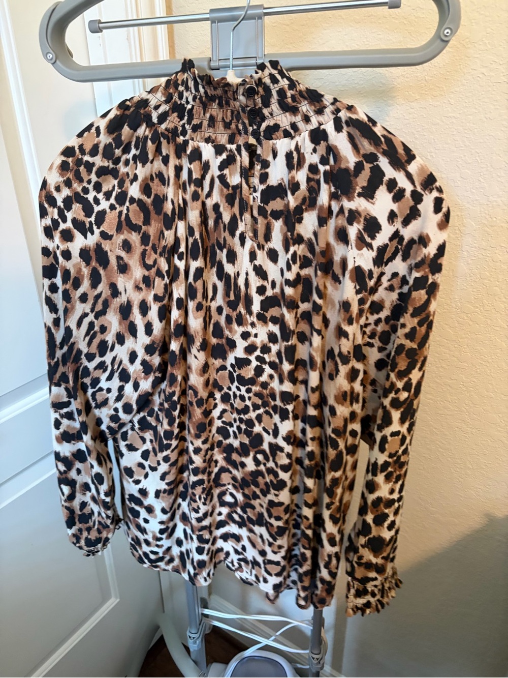 Chico's Leopard Print Smocked Mock Neck Blouse - Brown/Tan/Black - Picture 3 of 4